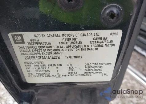 2003 Chevrolet Silverado 1500 Ls z USA, uszkodzony, nr VIN 2GCEK19T331313278